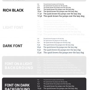 Samples of Roboto and Lora font sizes printed on different backgrounds
