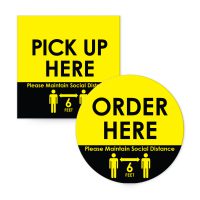 Adhesive wall signs and floor signs for restaurants.Order here, pick up here, social distancing signs