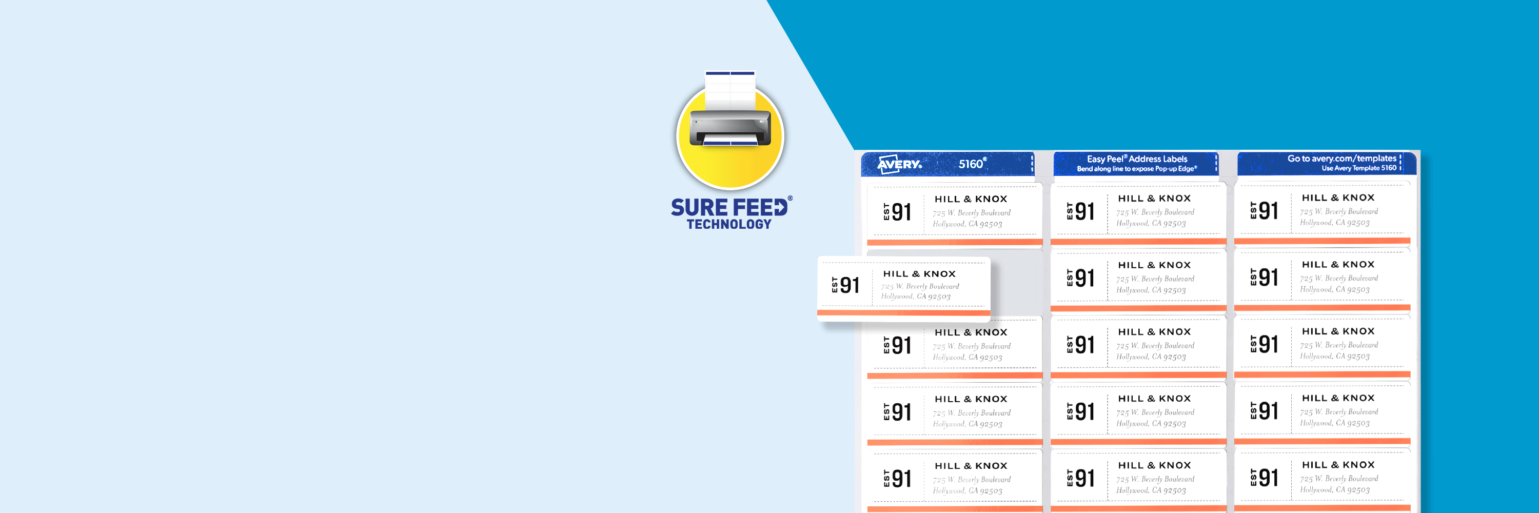 Motion graphic of Sure Feed business cards sheet with a blue Sure Feed printer alignment strip at the top. A magnifying glass is zooming into the details of the strip. The printable sheet is showcasing the design of a light blue and orange logo with contact info on the left.