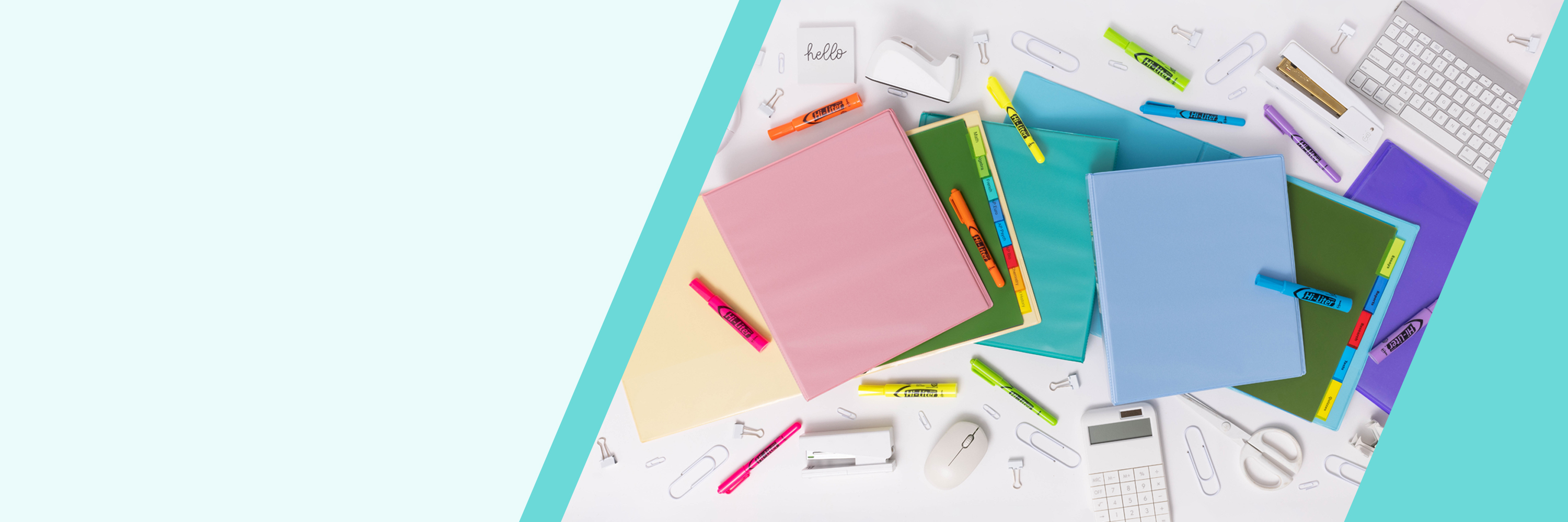 Flatlay image of a group of colorful pink, blue, and green binders in different shades, spread out on a white surface, surrounded by various school supplies, like highlighters in multiple colors, and white staplers, tape dispensers, paper clips and alligator clips