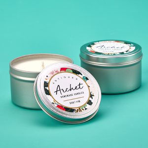 Archet candles in tins using Avery 2.5" round labels