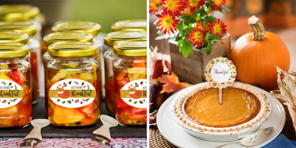 On the left are rows of glass food jars with metal lids, labeled with a white oval label with a cutesy fall fox and leaf design reading, "Just being thankful." On the right is a fresh pumpkin pie with a festive DIY treat topper sitting in a white dish next to a small orange pumpkin, a bouquet of red and yellow flowers in a wooden box and orange-red leaves. 
