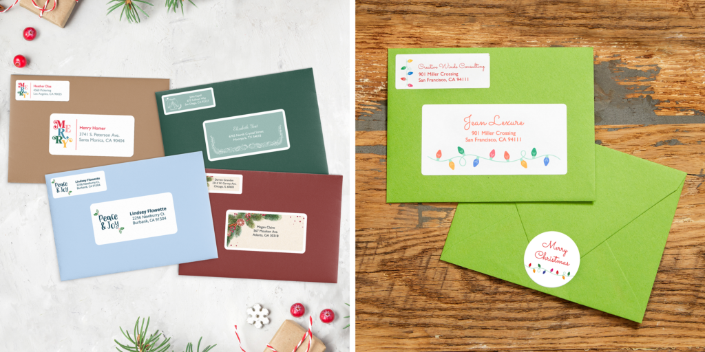 Two images of Christmas cards side by side. One image shows 4 different envelopes with Avery address labels featuring Avery templates for Christmas surrounded by festive details. The other image shows the front and back of a lime green envelope close up. The front of the envelope is addressed using Avery 5160 and 8163 address labels, the back of the envelope shows a round Avery label used as a seal all. All of the labels are decorated with matching Avery templates.