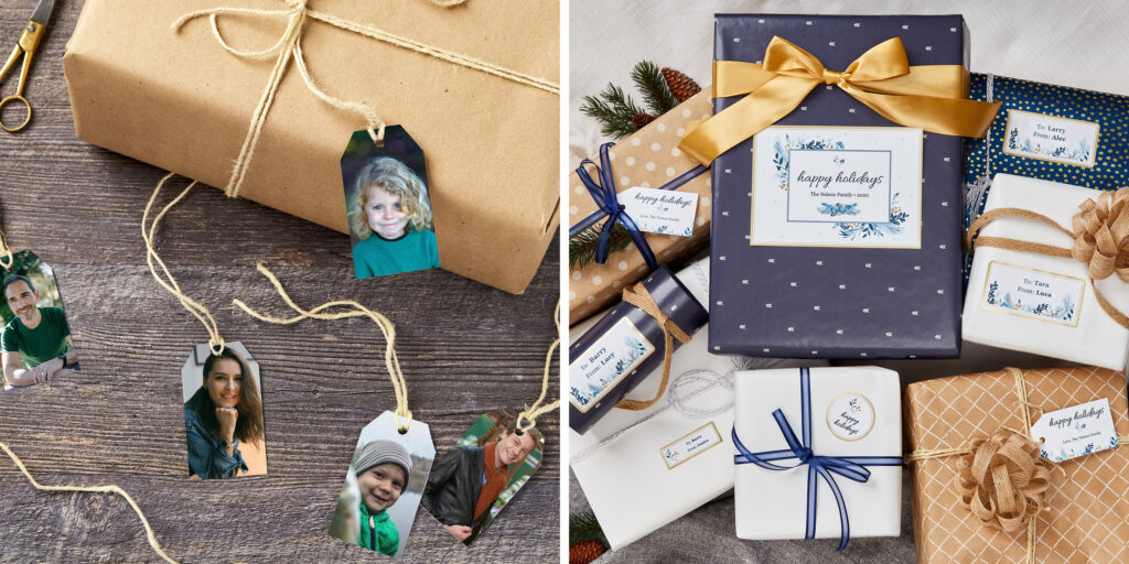 Two images side by side. Left side shows a rustic brown paper package tied up with twine. Instead of regular gift tags, the package is labeled with a printable Avery gift tag with the recipient’s photo. Right side features a pile of gifts coordinated with a navy blue, gold, tan and white color theme. All the labels and gift tags are Avery products and feature coordinated Avery templates for Christmas.