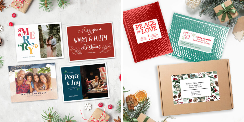 Two images side by side. One shows 4 Avery templates for Christmas cards arranged on a festive snowy background. The other shows several packages with Avery shipping labels featuring jolly Avery templates surrounded by Christmas greenery and accents.