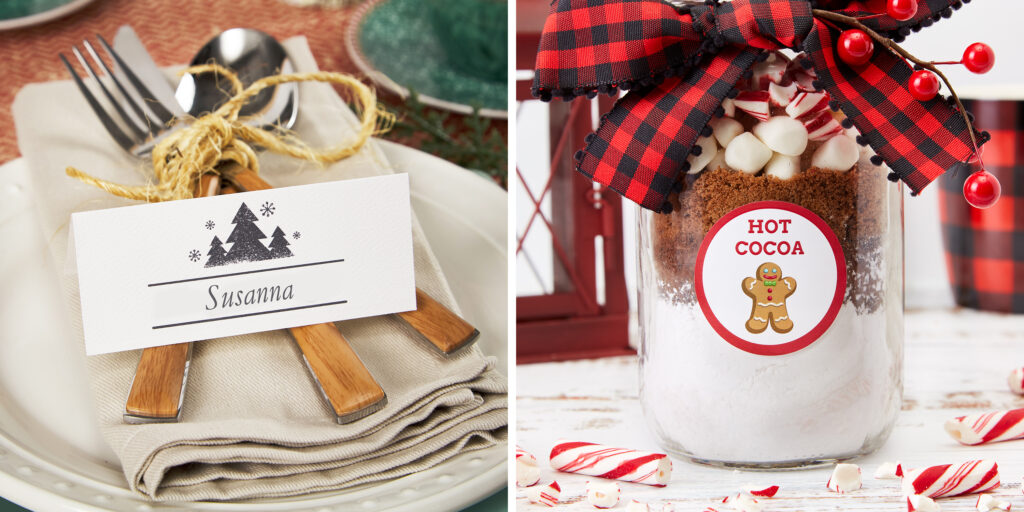 Image alt text: Two images side by side. Left image shows an Avery template for place cards accenting a rustic Christmas dinner table setting. Right image shows a Mason jar gift of hot cocoa mix labeled with an Avery template for 2.5 inch round labels.
