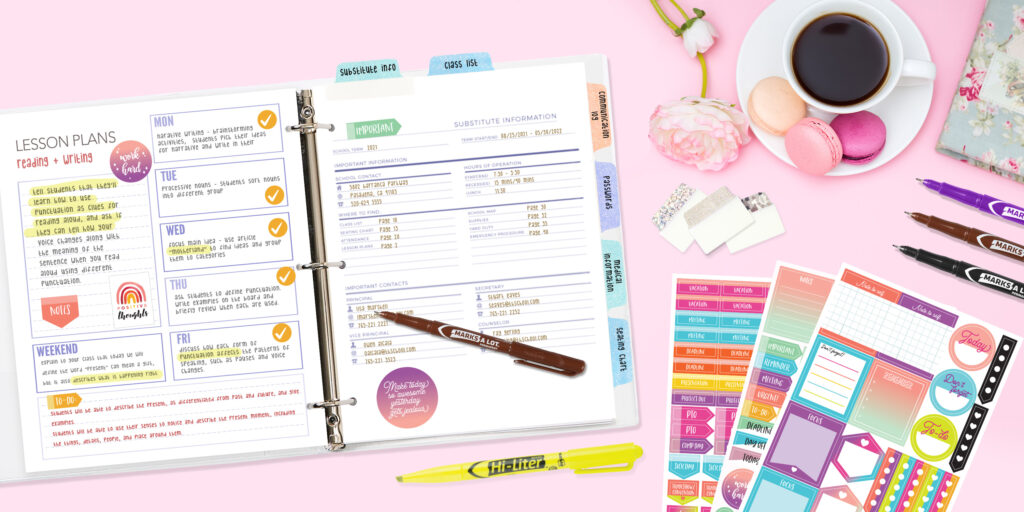 DIY teacher planner in an Avery binder decorated and organized with Ultra Tabs, Avery Marks A Lot markers and Avery planner stickers. The planner and supplies are on a pastel pink background with a floral notebook, a coffee and macarons and a rose.