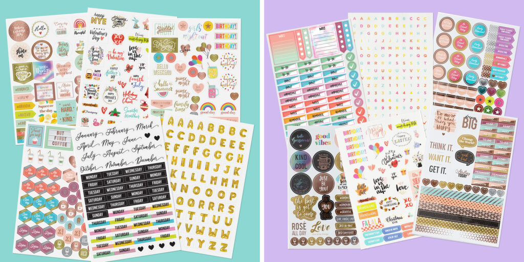 Two images of planner stickers side by side. Left side features sheets from the Avery Planner Sticker Variety Pack that includes months, days, letters, recurring appointments, motivational stickers and holidays. Right side features sheets from the Avery Mom Planner Sticker Pack that include motivational stickers, recurring appointments and entries, decorative stickers and motivational stickers