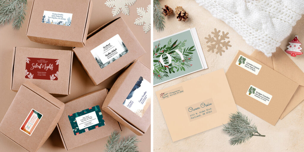 images side by side. On the left is a pile of holiday packages surrounded by festive greenery and snowflake decorations. The packages are labeled with Avery shipping labels that are designed with free Avery templates. On the right are holiday cards and envelopes surrounded by similar decorations and a cozy white blanket. The envelopes are labeled with Avery address labels featuring free Avery template designs for Christmas.