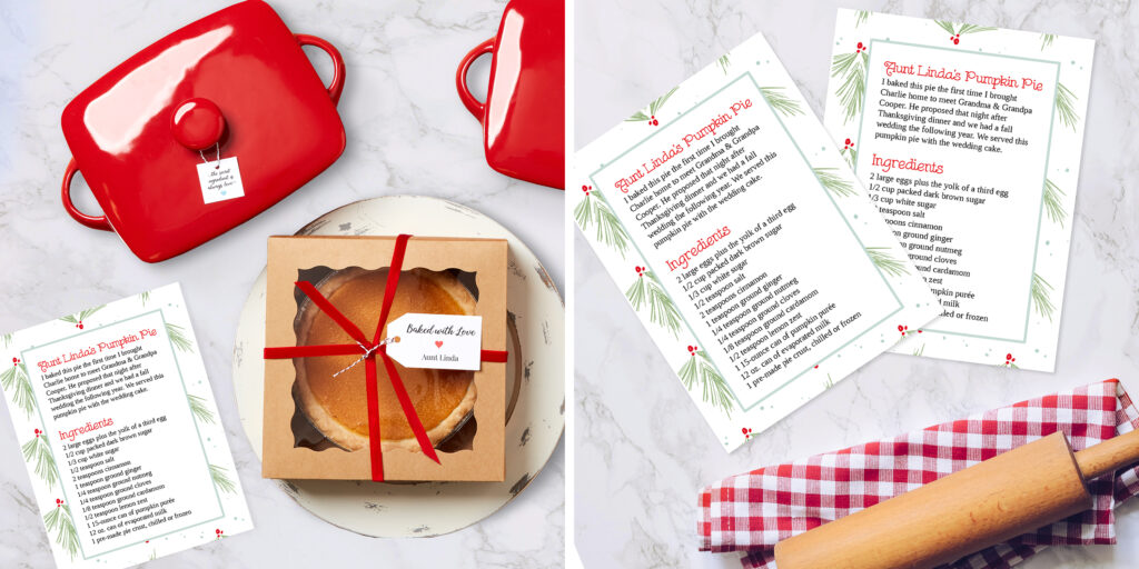 Two side-by-side images; On the left, a pumpkin pie neatly placed in a brown box with a red bowtie and tag wrapped around it, sitting next to a DIY printed recipe card and a red stoneware serving dish; On the right is a flatlay of two recipe cards next to a red flannel towel and wooden rolling pin
