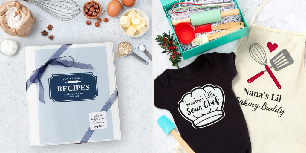 Two images side by side. On the left a family recipe book made with Avery binder and Avery template for the binder cover is set on a light countertop and surrounded by baking ingredients and supplies. On the right an apron and baby creeper feature personalized iron on Avery fabric transfers and are set on a marble countertop next to a cookie baking kit.