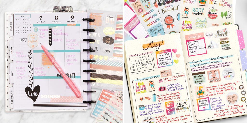 Two images side by side comparing a traditional planner page and a bullet journal layout. The planner page has the classic monthly spread with big boxes for each day. The bullet journal has a smaller calendar and tasks grouped by goal. Both images feature Avery planner stickers and other Avery planner accessories decorating the pages.