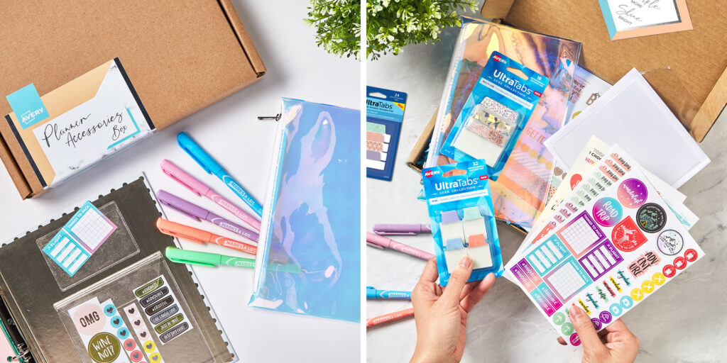 Two images featuring the Avery Planner Accessories Box. The left shows the box closed with the pencil pouch and markers displayed next to the included clear adhesive pockets applied inside a planner cover. The right shows the box open with all the contents. Two hands are holding up several sheets of planner stickers and a package of sparkly Avery Ultra Tabs.