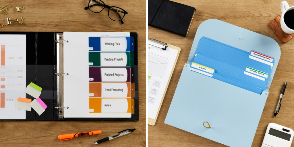 Two images of office supplies for organizing paperwork shown on a caramel-colored wooden desk. One image shows Avery dividers with a printable table of contents in an Avery binder labeled for sorting work documents. The other shows a file folder organizer with filed folders inside that are color-coded with printable Avery file folder labels.