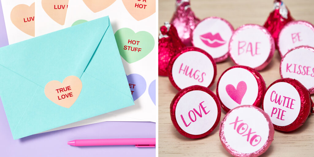 Two images side by side showing Avery templates for Valentine’s Day on different shaped labels. One image shows heart-shaped stickers on an envelope and the other shows small round labels on Hershey’s kisses.