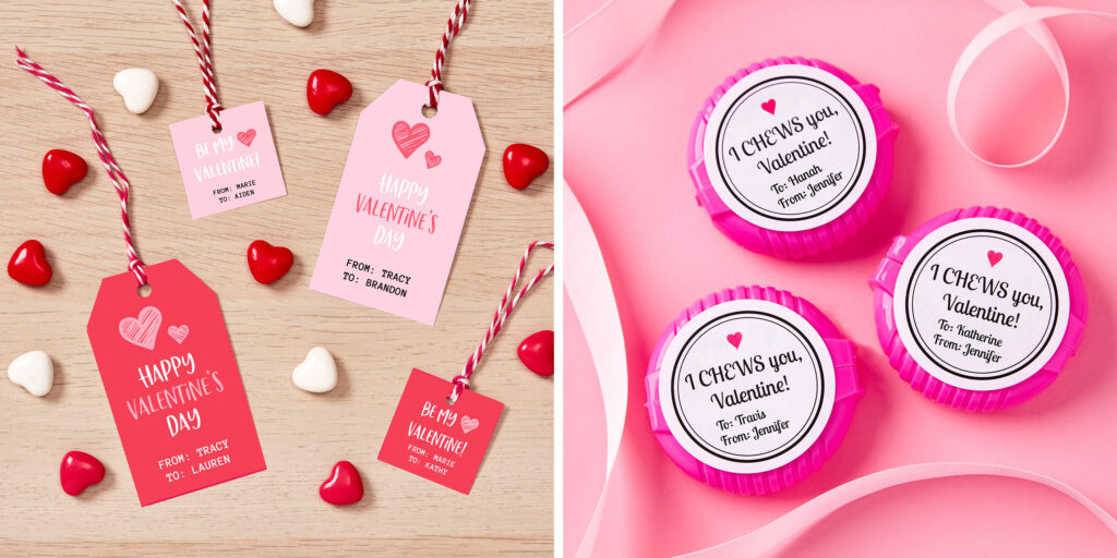 Two images of Avery products with Valentine’s Day messages. One image shows personalized pink and red gift tags on a table surrounded by heart-shaped candies. The other shows bubble tape candy on a pink background with a label that reads “I Chews You.”