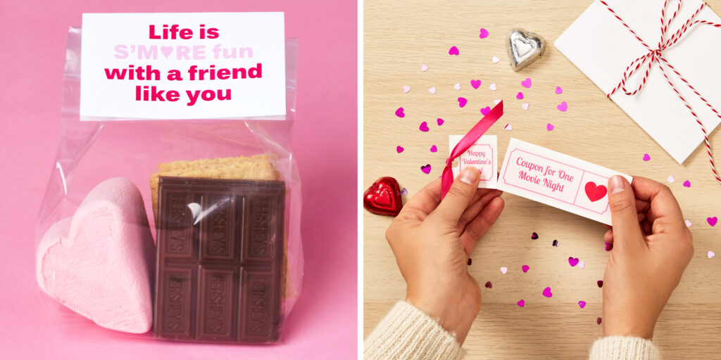 Two images side by side. One side shows chocolate, graham crackers and a big heart-shaped marshmallow in a bag with a printable table tent card used as a bag topper. The printed message reads “Life is S’more fun with a friend like you.” The other images shows someone tearing off a stub from a printable Avery ticket. The ticket is printed with a coupon for one movie night. 