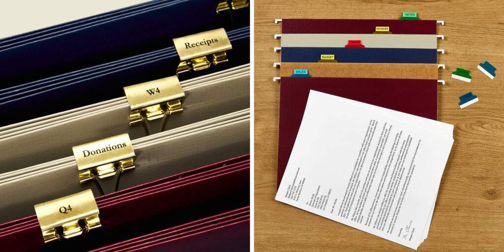 Two square images. One image shows a close up of hanging file folders that have been grouped together with gold binder clips. The binder clips are labeled using clear Avery labels so they look custom made. The other image shows hanging file folders laid neatly on a desk and indexed with Avery adhesive tabs with printable inserts.