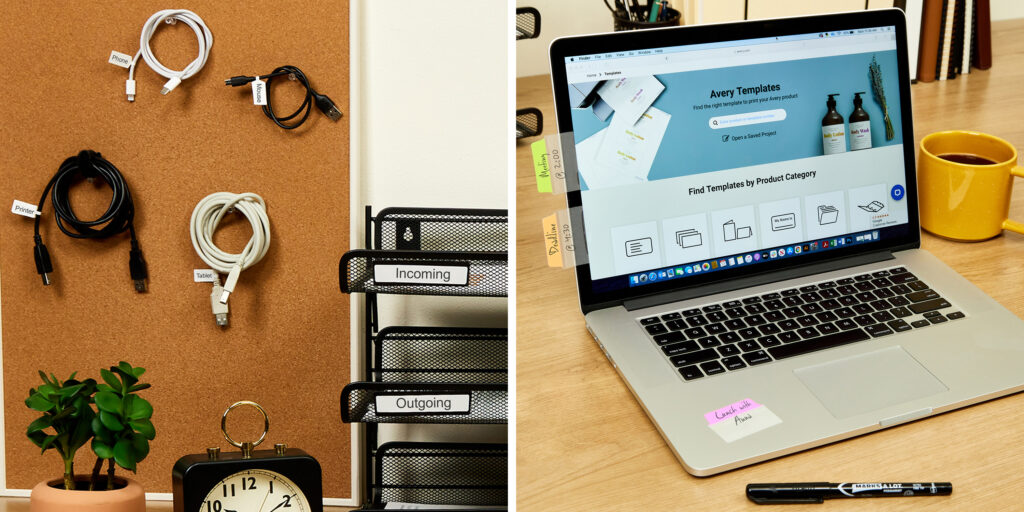 Two images. Left image features a cork board with device cables neatly hung up on push pins. Each cord is labeled with Avery barbell labels for what device they go to. Right image features an open laptop with several reminders stuck to it. The reminders are written on colorful Avery Ultra Tabs.