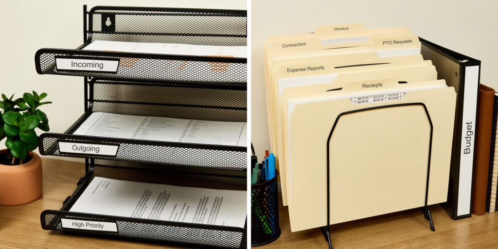 Two images side by side. Left image shows a vertical 3-tier letter tray for desktops. The tiers are labeled “Incoming,” “Outgoing,” and “High Priority.” The right image shows files neatly organized in a desktop holder. The file folders are neatly labeled with clear Avery file folder labels.