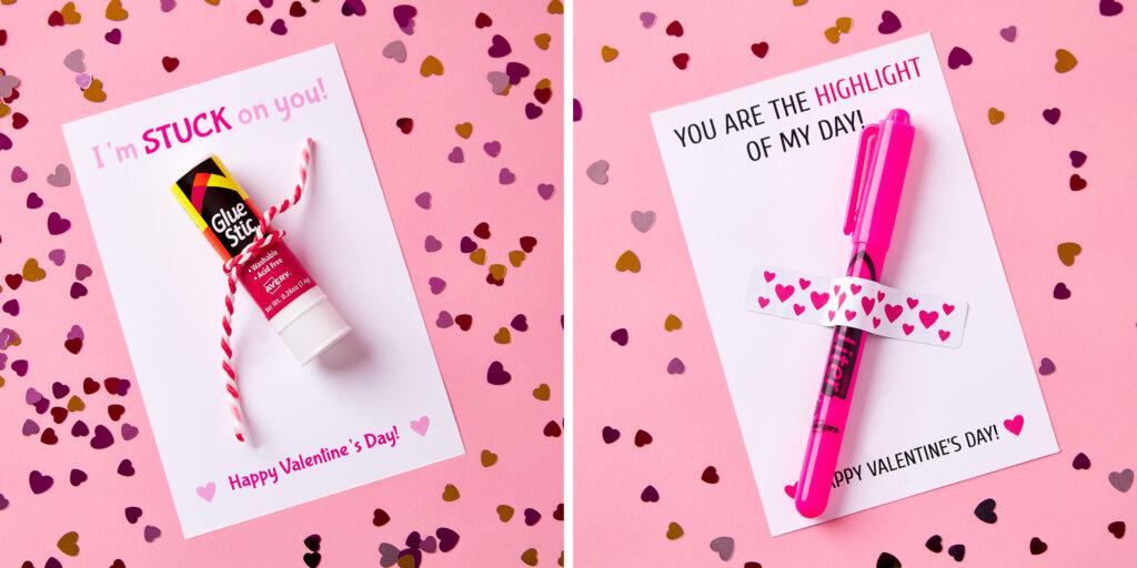 Avery office supplies used to make punny DIY valentines. One postcard has “You are the highlight of my day” printed on it with a highlighter taped to it. Another postcard has “I’m stuck on you” printed on it with a glue stick attached.