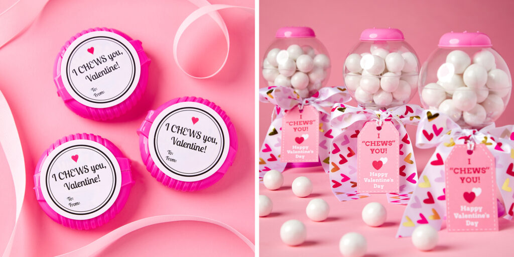 Two images on bubble-gum pink backgrounds. Left image shows bubble tape gum made into valentines using Avery labels. Right image shows mini gumball machines made into valentines colorful heart ribbon and Avery printable tags.