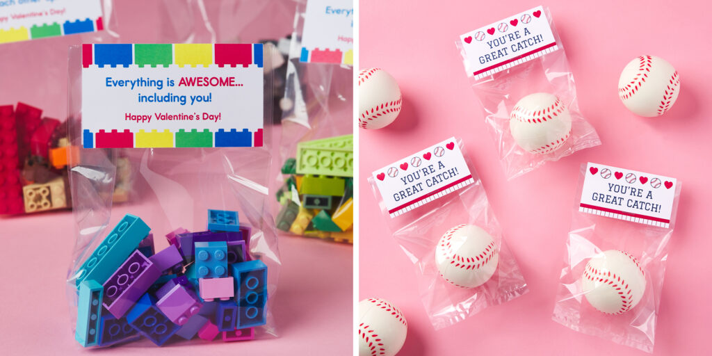 Two images on pastel pink backgrounds. Left image shows bags of Lego bricks turned into valentines by attaching a printable table tent card at the top of the bag. The tent card reads, “Everything is awesome... including you! Happy Valentine’s Day!” Right image shows stress-relief baseball toys in similar bags with tent card toppers. These toppers read “You’re a great catch!” and have a cute baseball and hearts graphic.