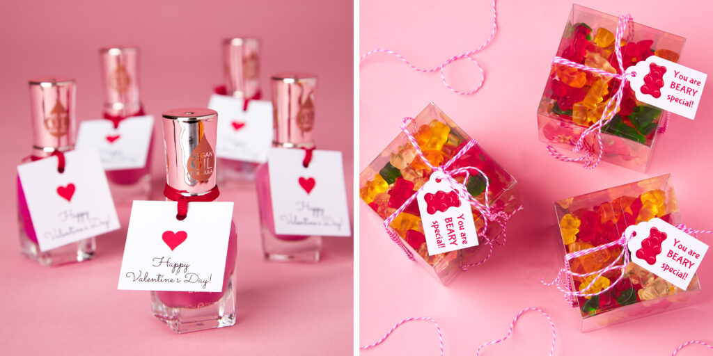 Two images with light pink backgrounds. One image shows small bottles of dark pink nail polish with cute square Avery tags for Valentine’s Day. The second image shows gift boxes filled with gummy bears. Gift tags that read, “You are Beary Special!” are tied on the boxes with string.