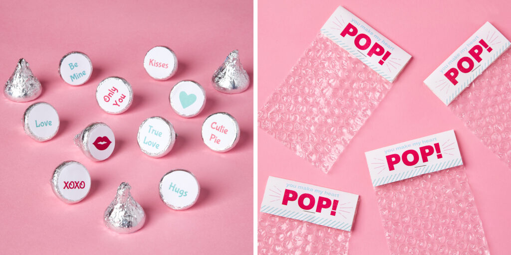 Two images on bubblegum-pink background. One image shows a handful of Hershey’s Kisses with cute Avery labels stuck on the bottom. The labels have various Valentine’s Day graphics and sayings on them. The other image shows pieces of bubble wrap with an Avery place card stapled to the top. The place card reads, “You make my heart pop!”