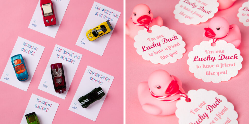 Two images of valentines on light pink backgrounds. Left image shows mini racecars glued on index cards with several different punny sayings. Right image shows pink rubber ducks with Avery tags tied on. The tags read, “I’m one lucky duck to have a friend like you.”