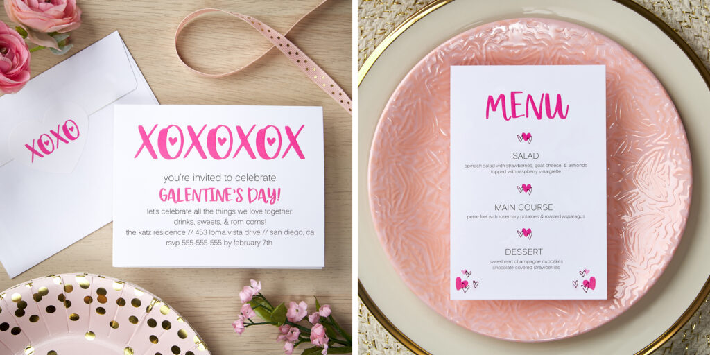Two images side by side. Left image shows a cute Galentine’s Day party invitation with hot pink writing and a card envelope with a matching seal. Right image shows a cute hot pink Avery template for a Galentine’s Day menu card. 