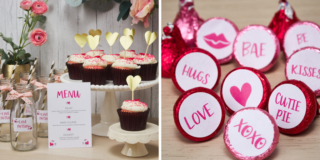 Two square images. One image shows a party food station set up for Galentine’s Day. It has cupcakes with gold Avery label toppers, labeled glass milk bottles for drinks and a hot pink menu card. The other image shows a close up of Hershey’s Kisses in pink foil. Avery labels with hot pink icons and words are stuck on the bottom of the kisses.