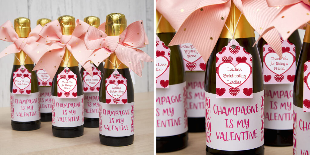 Two square images, side-by-side. One image shows a table with five champagne bottles, decorated with bows, pink and red Valentine's Day tags reading, "Ladies Celebrating Ladies," and a pink wine label reading "Champagne is my Valentine." 