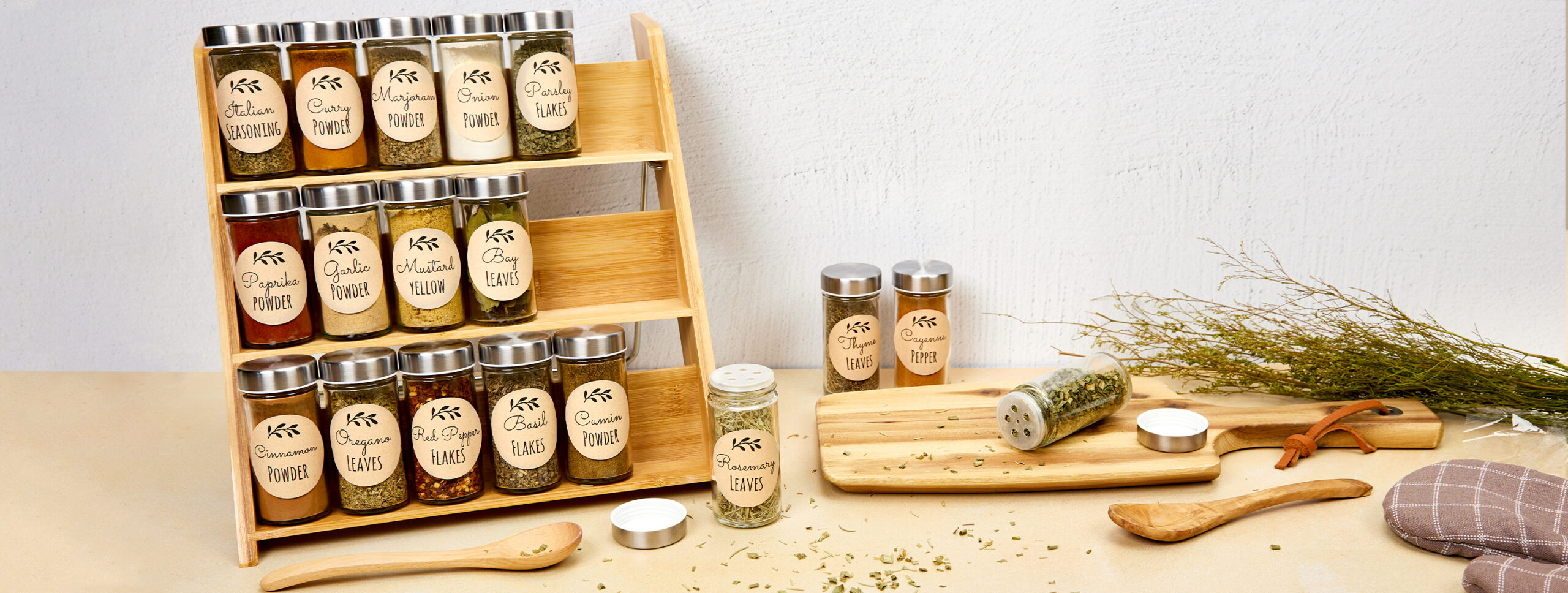 Buy 25 Pc Bamboo Glass Spice Jars WITH Rack & Customizable Labels