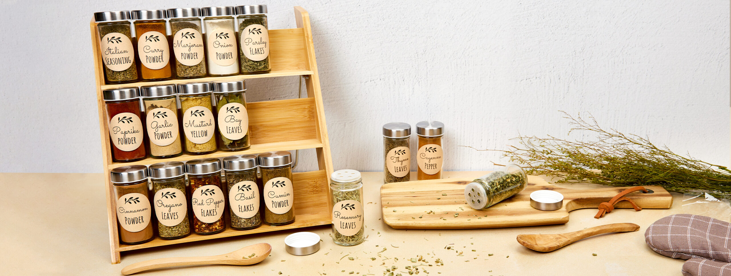 25 Pc Bamboo Glass Spice Jars WITH Rack & Customizable Labels