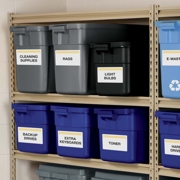 Avery 61505 Industrial labels used for office safety organizing bins neatly on shelves