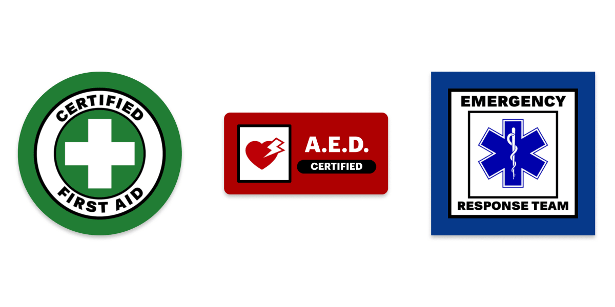 Three examples of Avery hard hat sticker templates for safety training. A round green first aid sticker with the first aid cross. A red rectangular sticker with the ANSI AED symbol. A square blue sticker for emergency response team with a caduceus symbol on it.