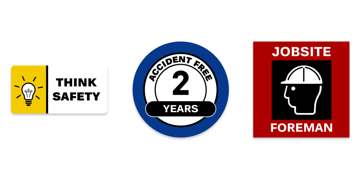Examples of hard hat stickers for leadership and teams that you can make with free Avery templates. A yellow and white rectangular sticker with a lightbulb that reads “Think Safety.” A blue round sticker for 2 years accident-free. A square red sticker with a person graphic and text that reads, “Jobsite Foreman.”