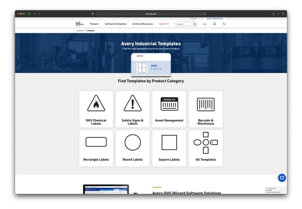 Screen shot showing how to find Avery templates using the product number on the Avery.com/Customize page which is a landing page with a field to enter the product number or options to browse templates by product category below