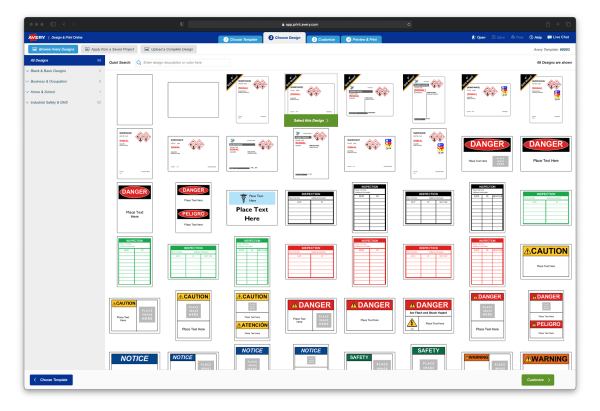 A screenshot showing an example of a wide variety of predesigned Avery templates for a Avery product 60503, which includes free GHS label templates, subscription GHS Wizard templates, OSHA safety labels and many more.