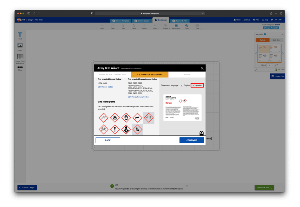 A screen shot showing how to add Spanish statements to a GHS label which is done by clicking GHS Wizard Spanish. A preview shows how the statements will be displayed and how the text will automatically be resized to fit.