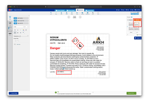 Screen shot showing how to use the Edit One feature in Avery Design and Print Online to make changes that will only be applied to one label on a sheet. The Edit One button is highlighted to show where to click to make individual changes.