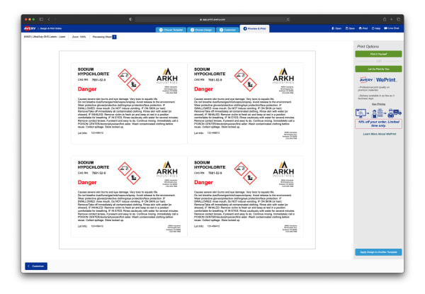 A screen shot showing the preview screen in Avery Design and Print Online which allows you to see all the labels on each sheet as well as zoom in and out to review on this screen. Buttons on the side of the screen provide options to print the labels yourself or have them custom printed using the Avery WePrint service.