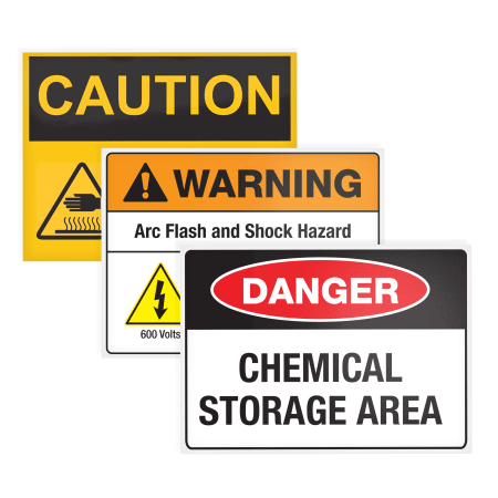 Three different signs, yellow caution sign, warning arc flash and shock hazard sign, and danger chemical storage area sign on white background